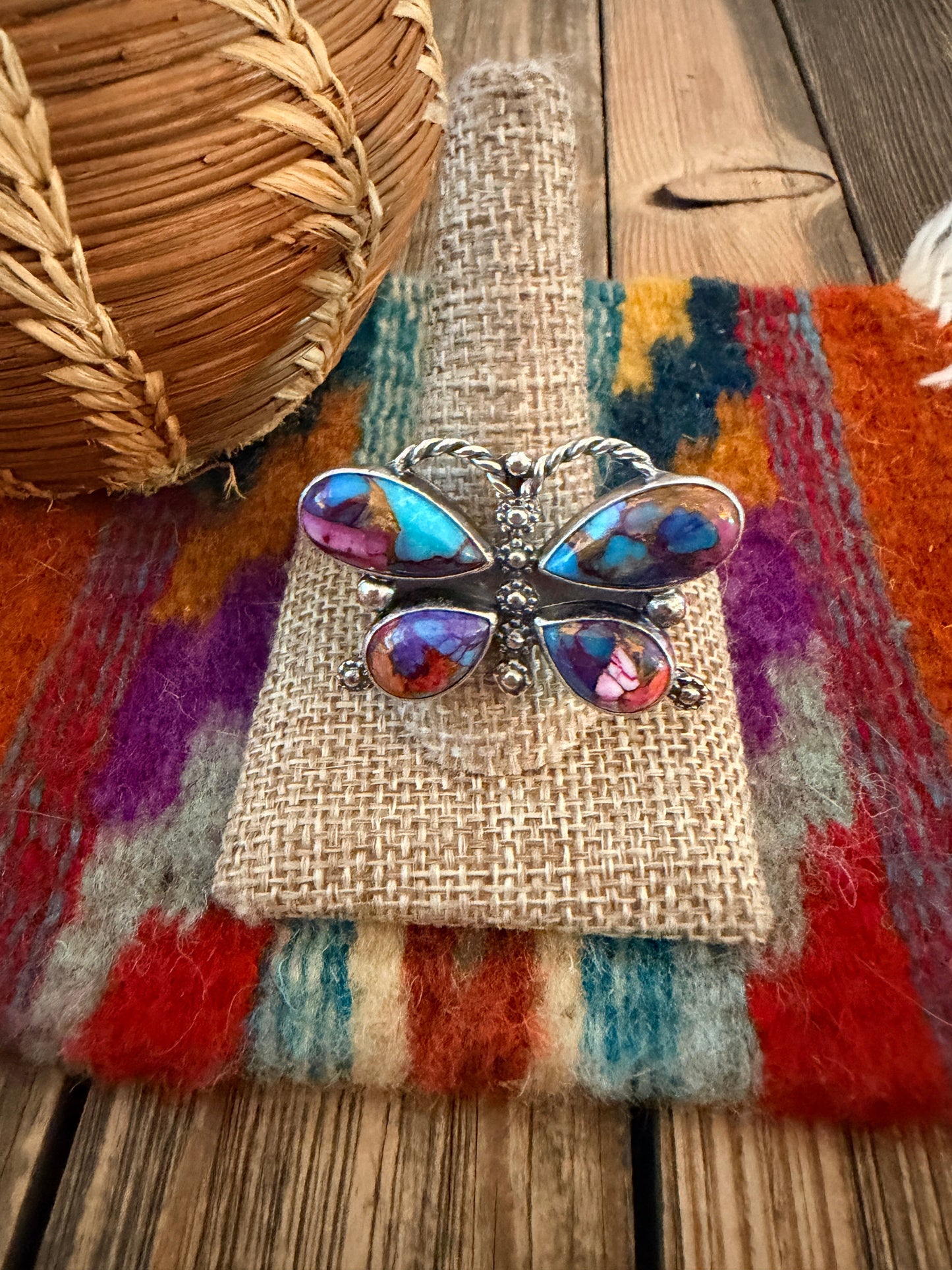 Handcrafted Pink Dream Mojave & Sterling Silver Adjustable Butterfly Ring Nizhoni Traders LLC