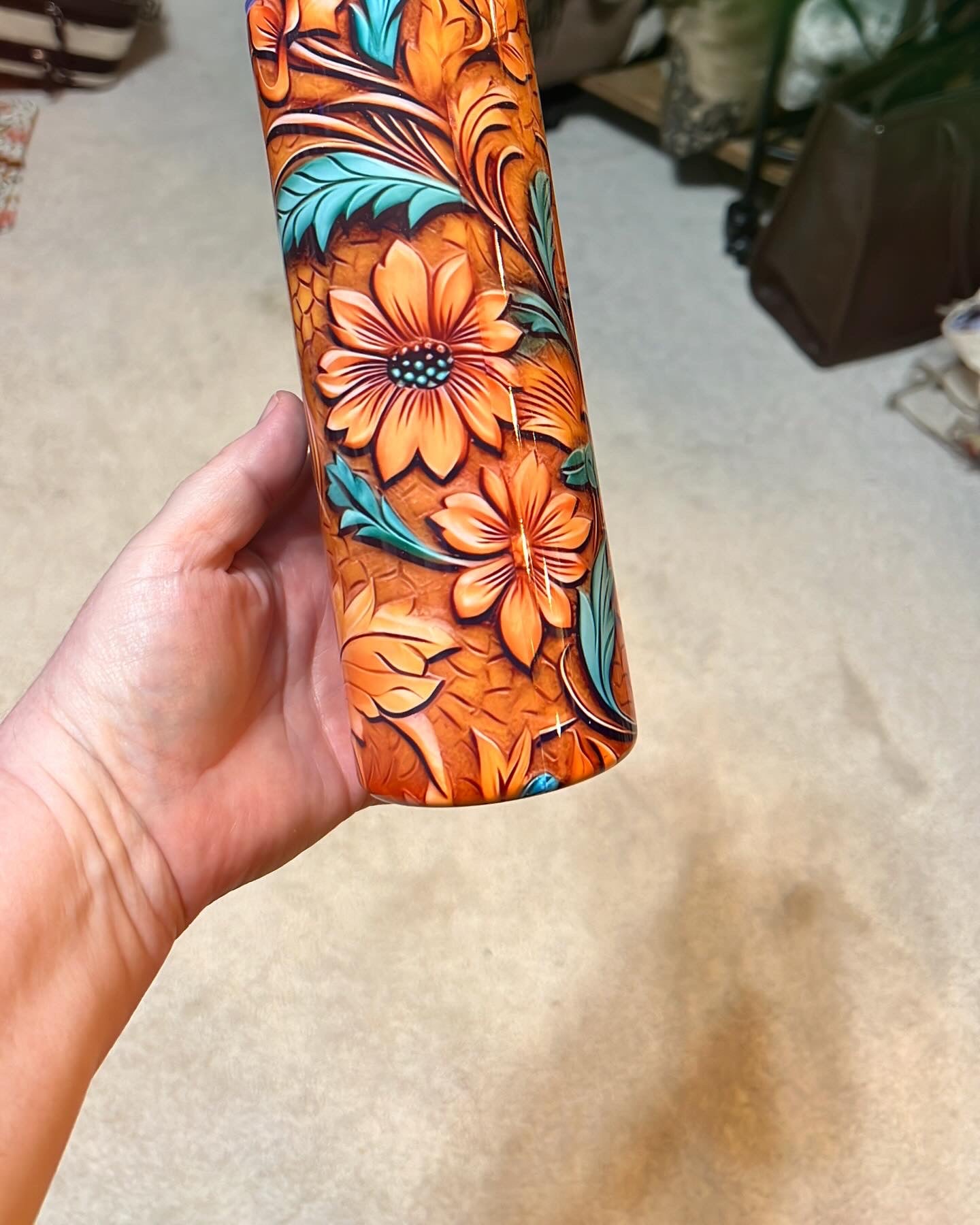 Tooled Leather Sunflowers 20 oz Insulated Skinny Tumbler Cedar Hill Country Market