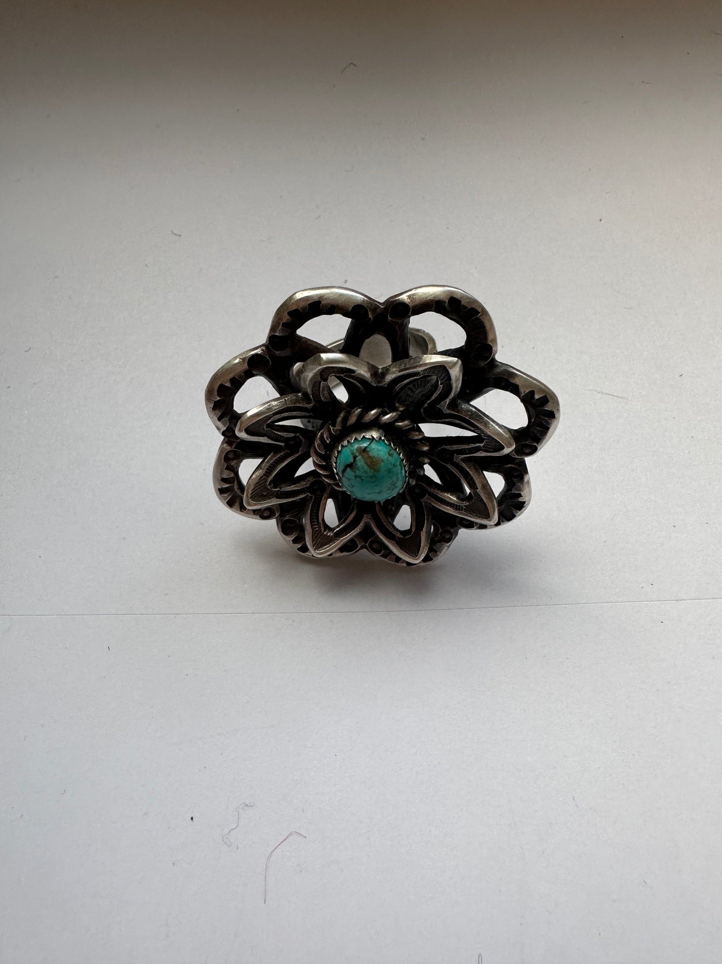 Gorgeous Handcrafted Turquoise And Sterling Silver Adjustable Flower Ring Signed K Billah Nizhoni Traders LLC