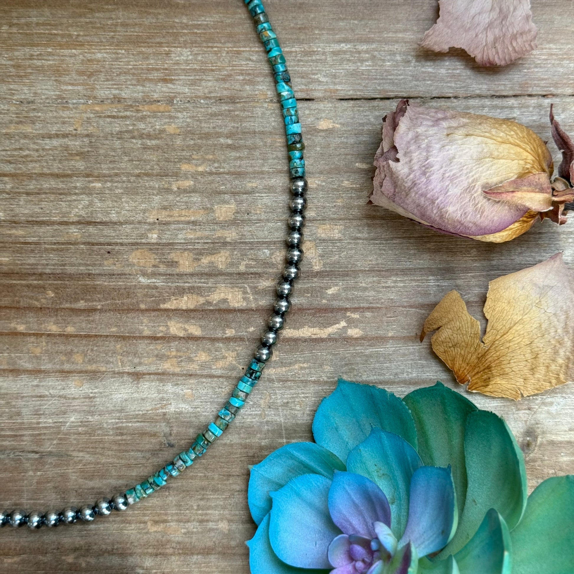 20” Heishi Turquoise Necklace – 4mm Turquoise & 5mm Sterling Silver Pearls The Bijoux FAB Jewelry