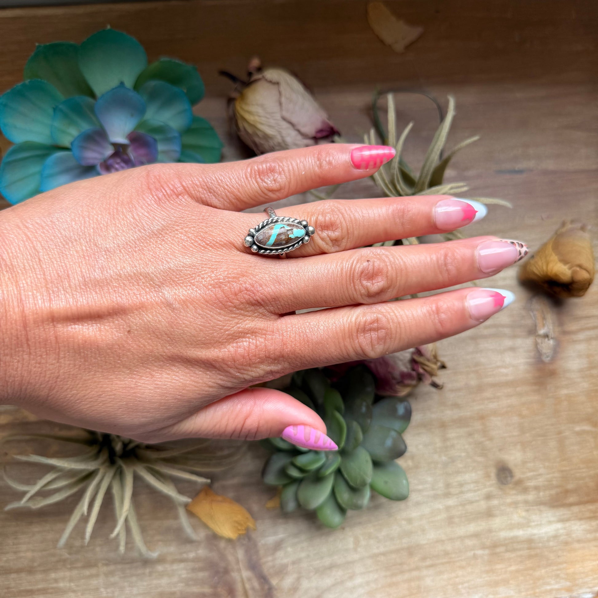 133 - Sterling Silver Ribbon Royston Turquoise Medicine Man Eye Stamped Stacking Ring by Jason Ogg The Bijoux FAB Jewelry