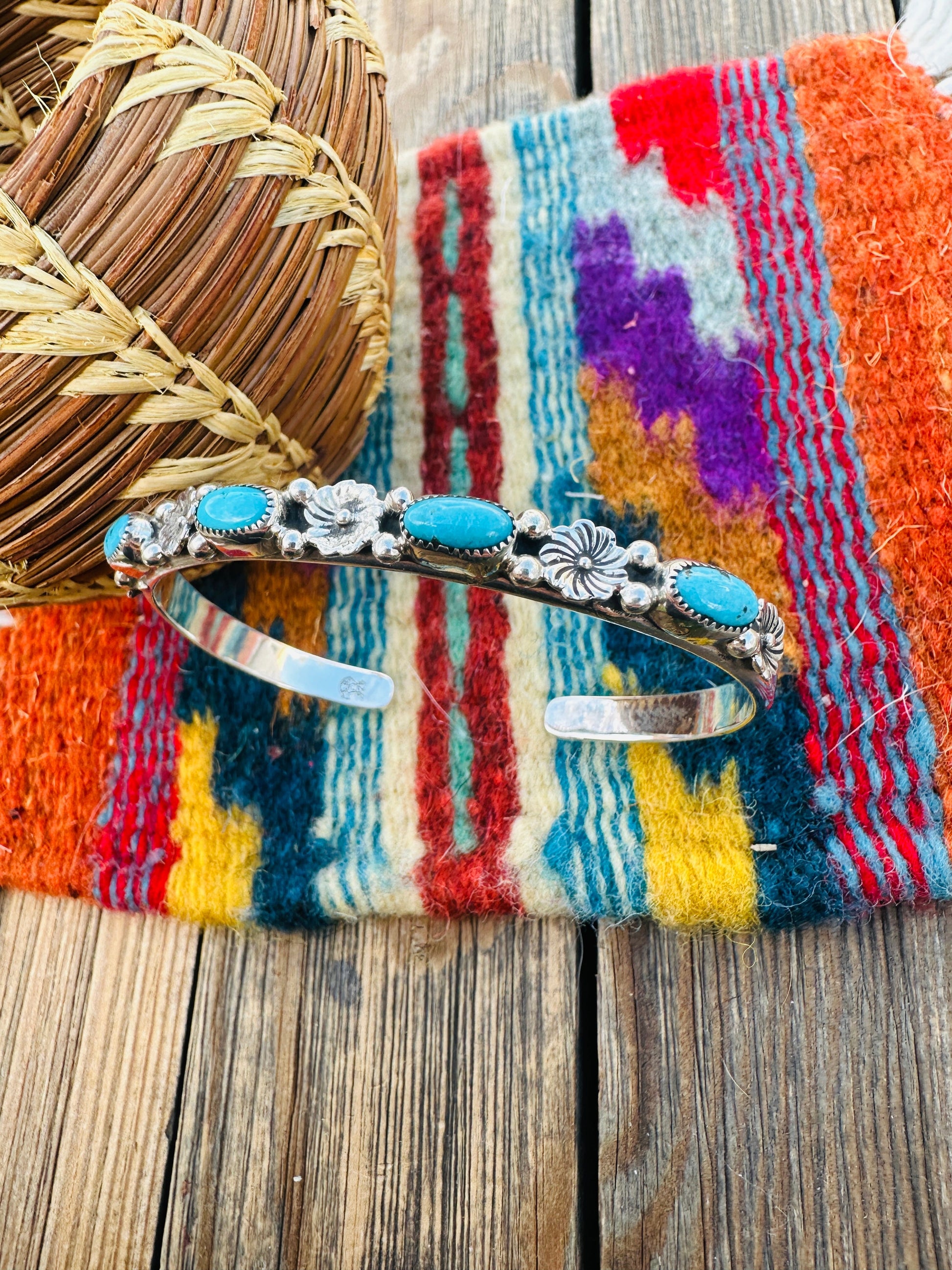 Handcrafted Turquoise & Sterling Silver Flower Stacker Cuff Bracelet Nizhoni Traders LLC