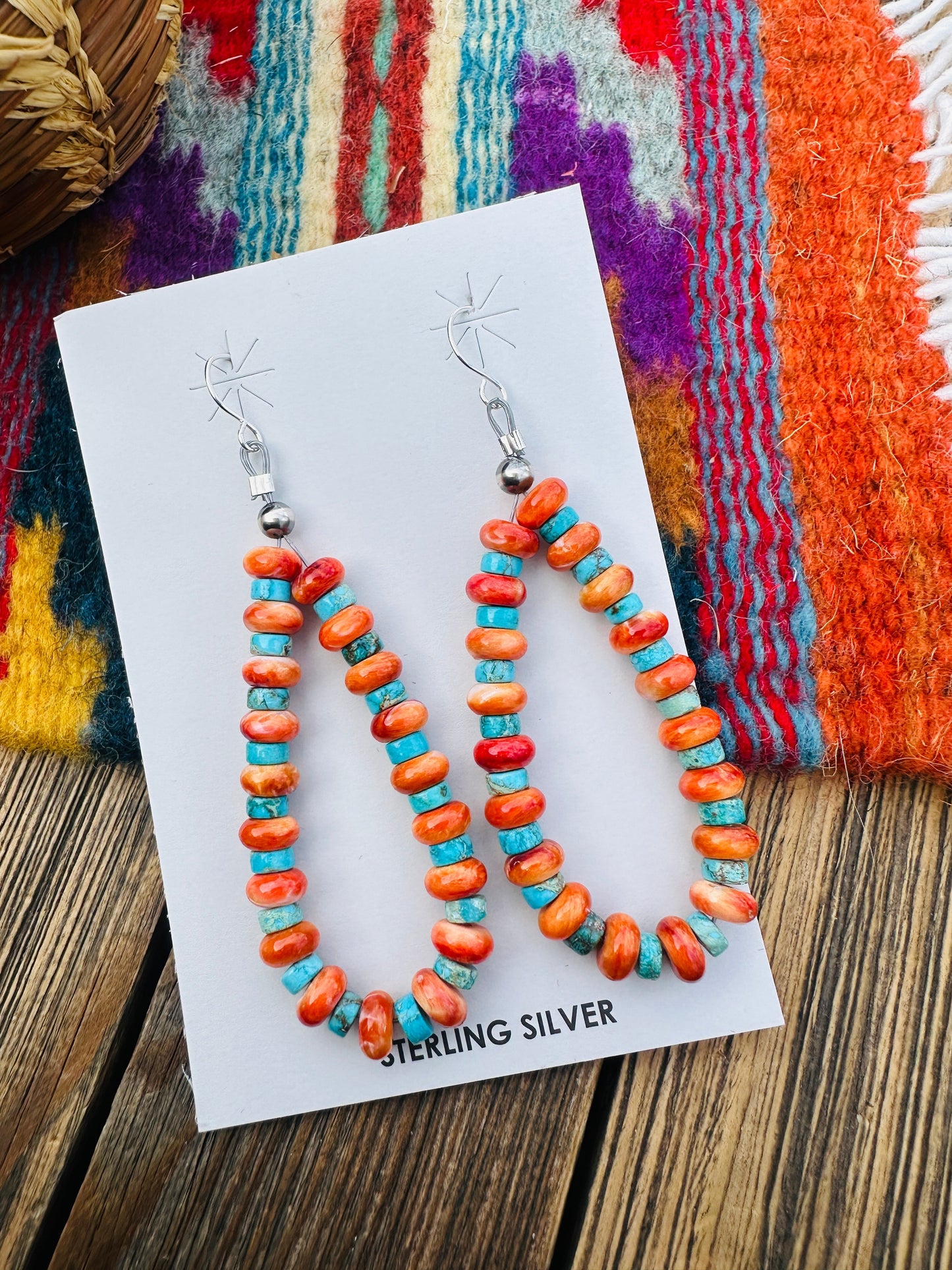 Handcrafted Orange Spiny, Turquoise & Sterling Silver Beaded Dangle Hoop Earrings Nizhoni Traders LLC