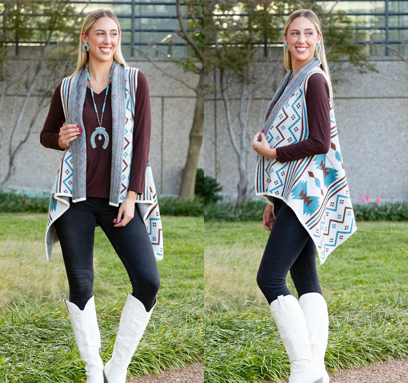 Western Aztec Geometric Print Vest - Turquoise Brown