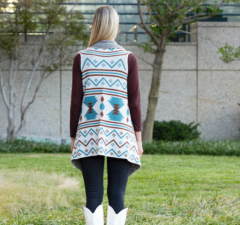 Western Aztec Geometric Print Vest - Turquoise Brown