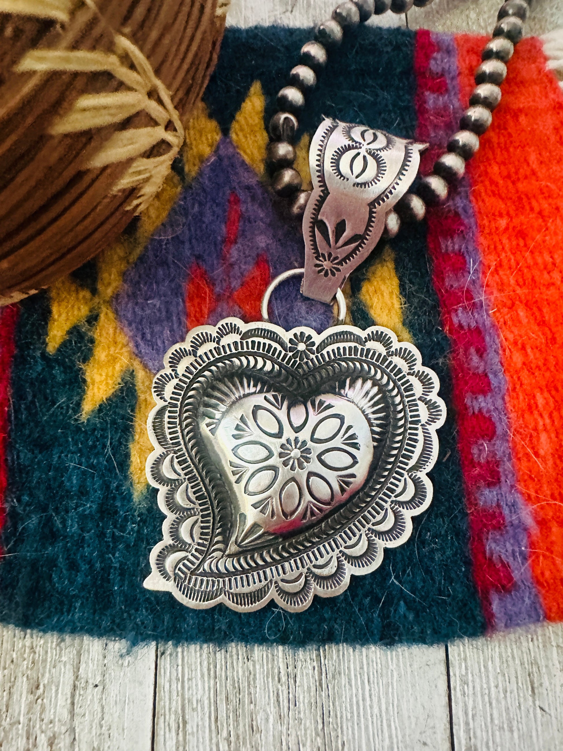 Handcrafted Sterling Silver Heart Concho Pendant by Leander Tahe Nizhoni Traders LLC