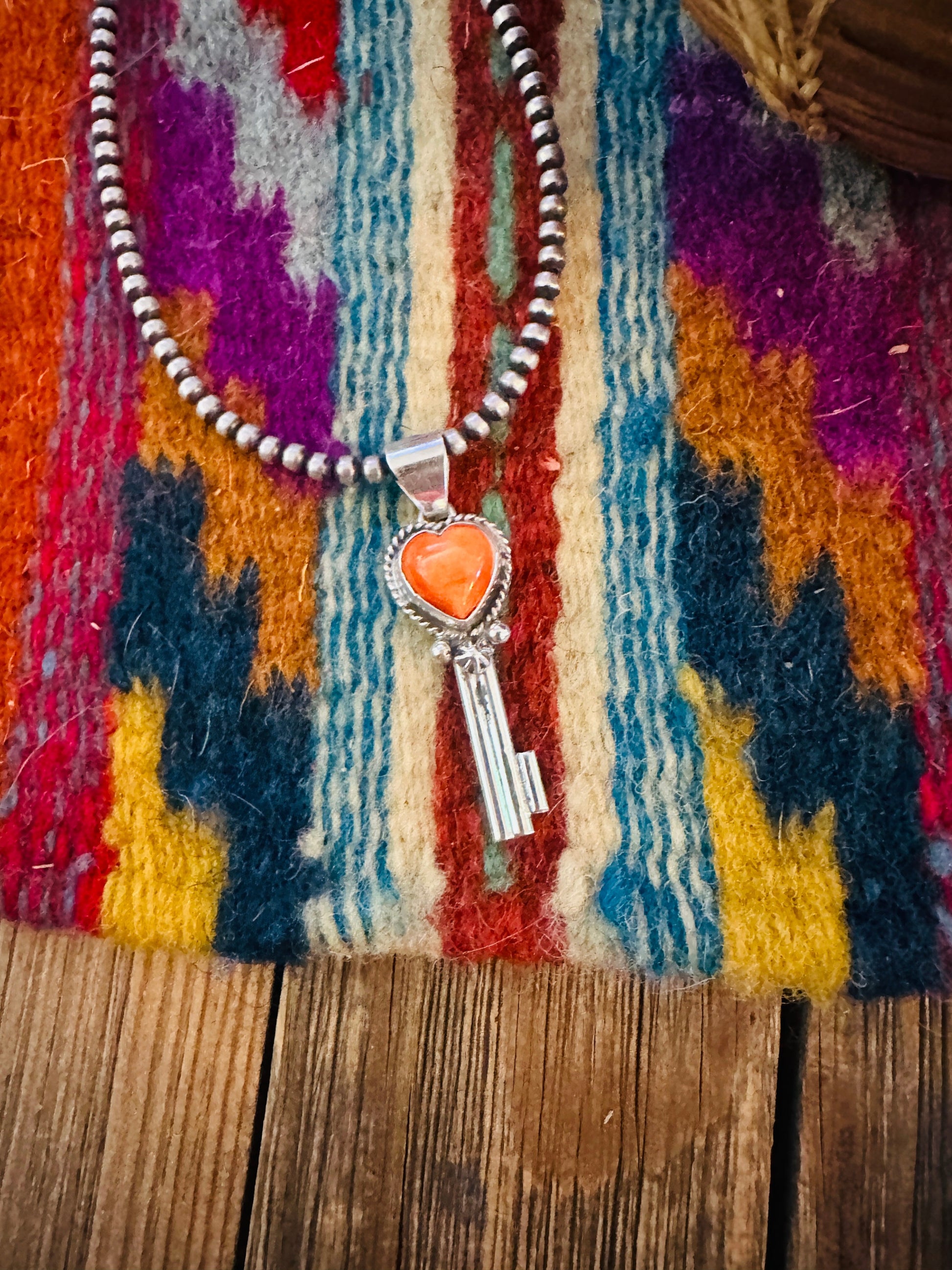 Handcrafted Spiny Oyster & Sterling Silver Heart Key Pendant Nizhoni Traders LLC