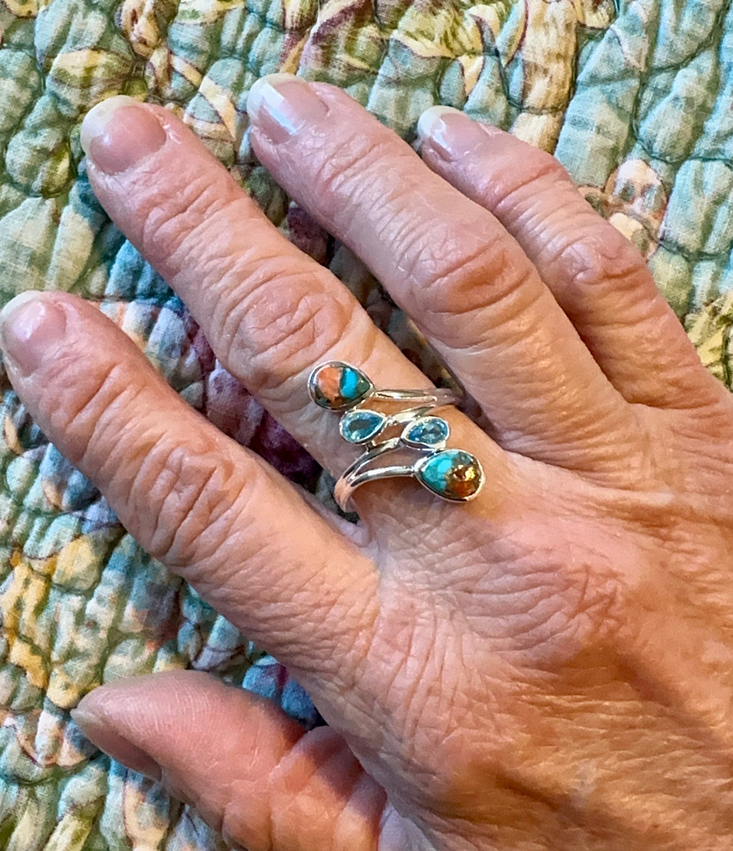 Turquoise, Blue Topaz and Spiny Oyster Sterling Silver Ring Size 7.5 Nizhoni Traders LLC