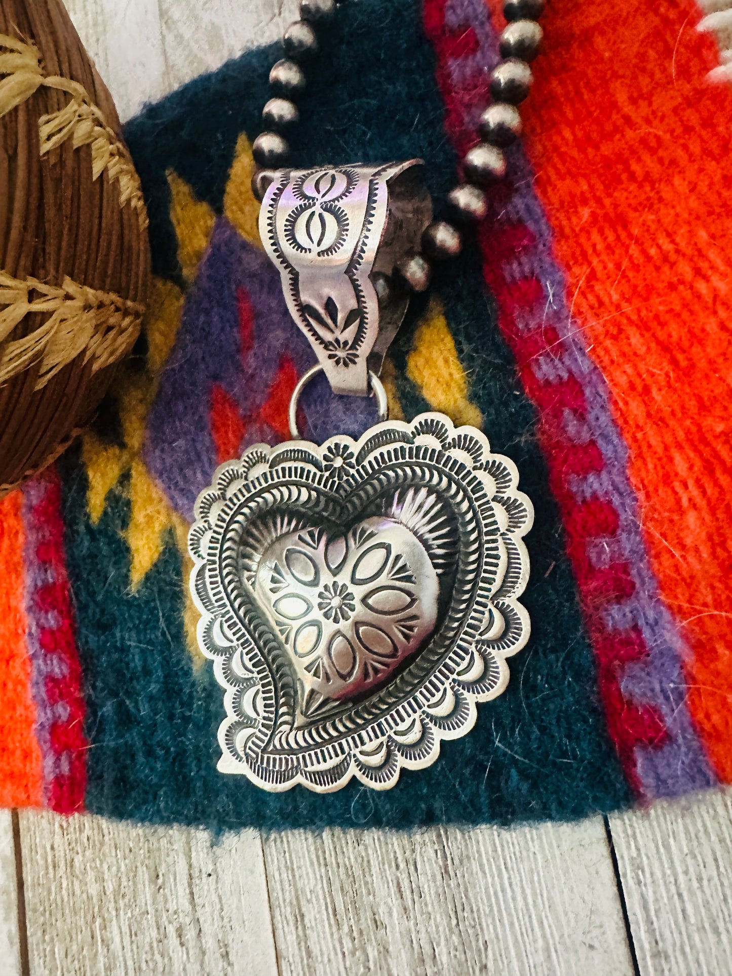 Handcrafted Sterling Silver Heart Concho Pendant by Leander Tahe Nizhoni Traders LLC