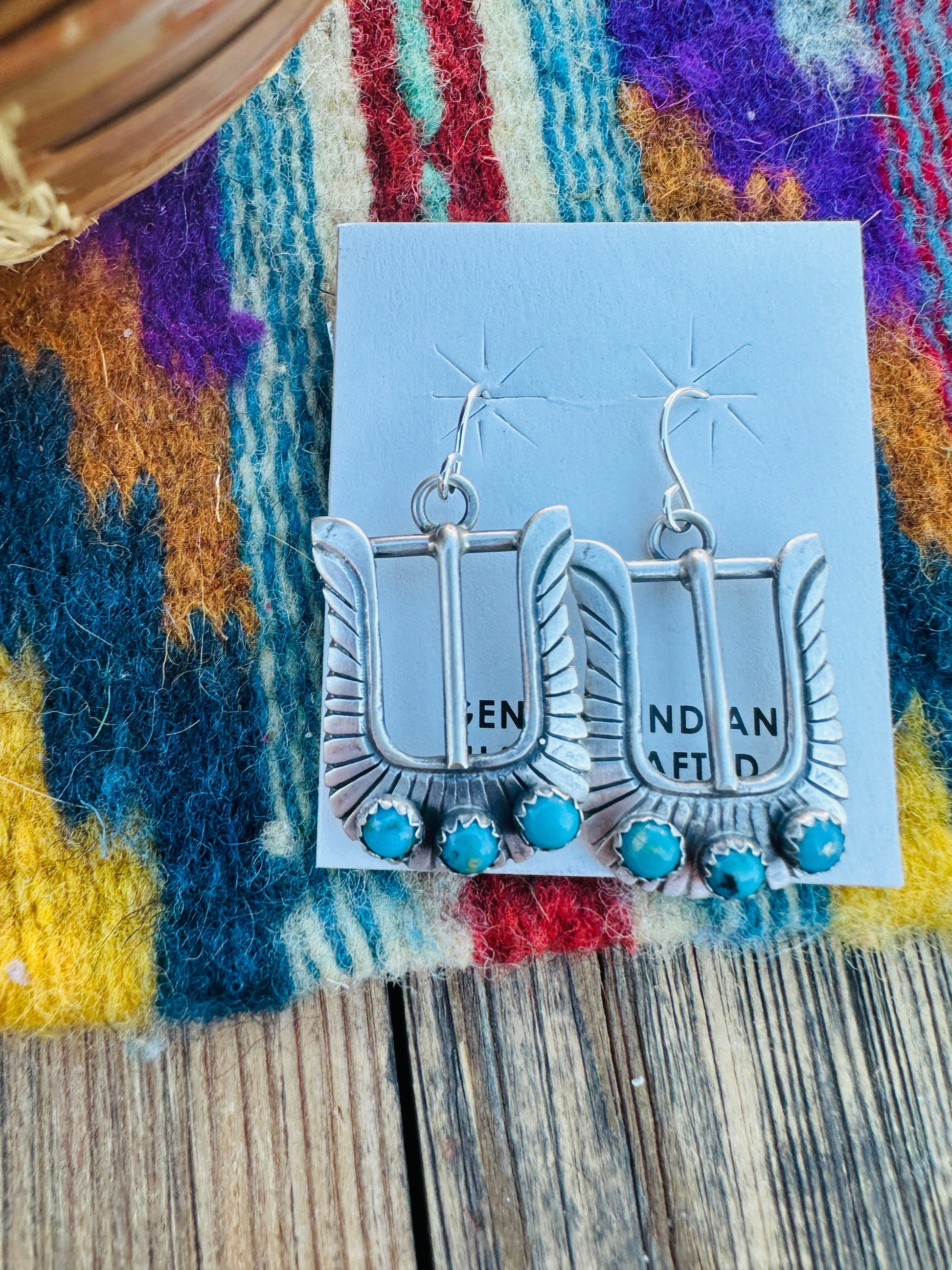 Handcrafted Turquoise & Sterling Silver Belt Buckle Dangle Earrings by Leroy James Nizhoni Traders LLC