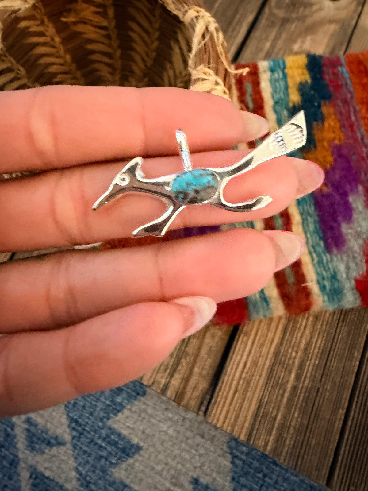 Handcrafted Sterling Silver & Turquoise Road Runner Pendant by Joseph Martinez Nizhoni Traders LLC