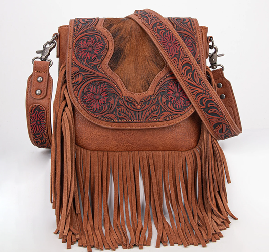 Trinity Ranch Genuine Hair-On Cowhide Tooled Fringe Crossbody Bag with Wallet - BROWN No 714 Cedar Hill Country Market