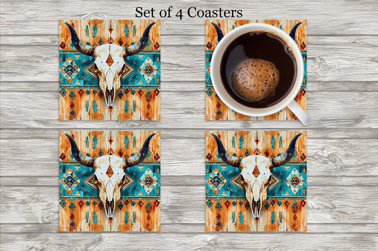 Bohemian Western Bullhead Neoprene 4 Inch Square Coasters - Set of 4 Cedar Hill Country Market