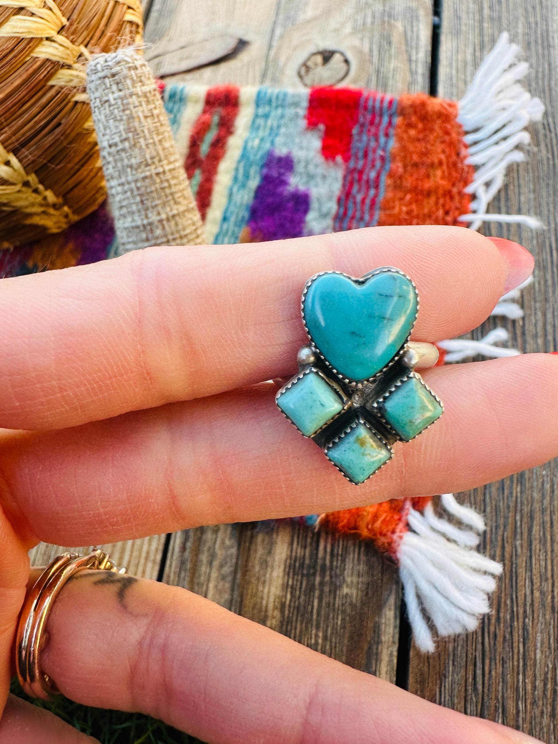 Handcrafted Turquoise & Sterling Silver Heart Adjustable Ring by Julia Etsitty Nizhoni Traders LLC