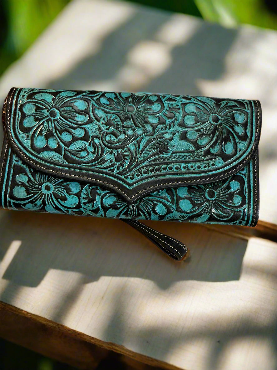 Hand tooled turquoise Myra wristlet wallet CedarHill Country Market