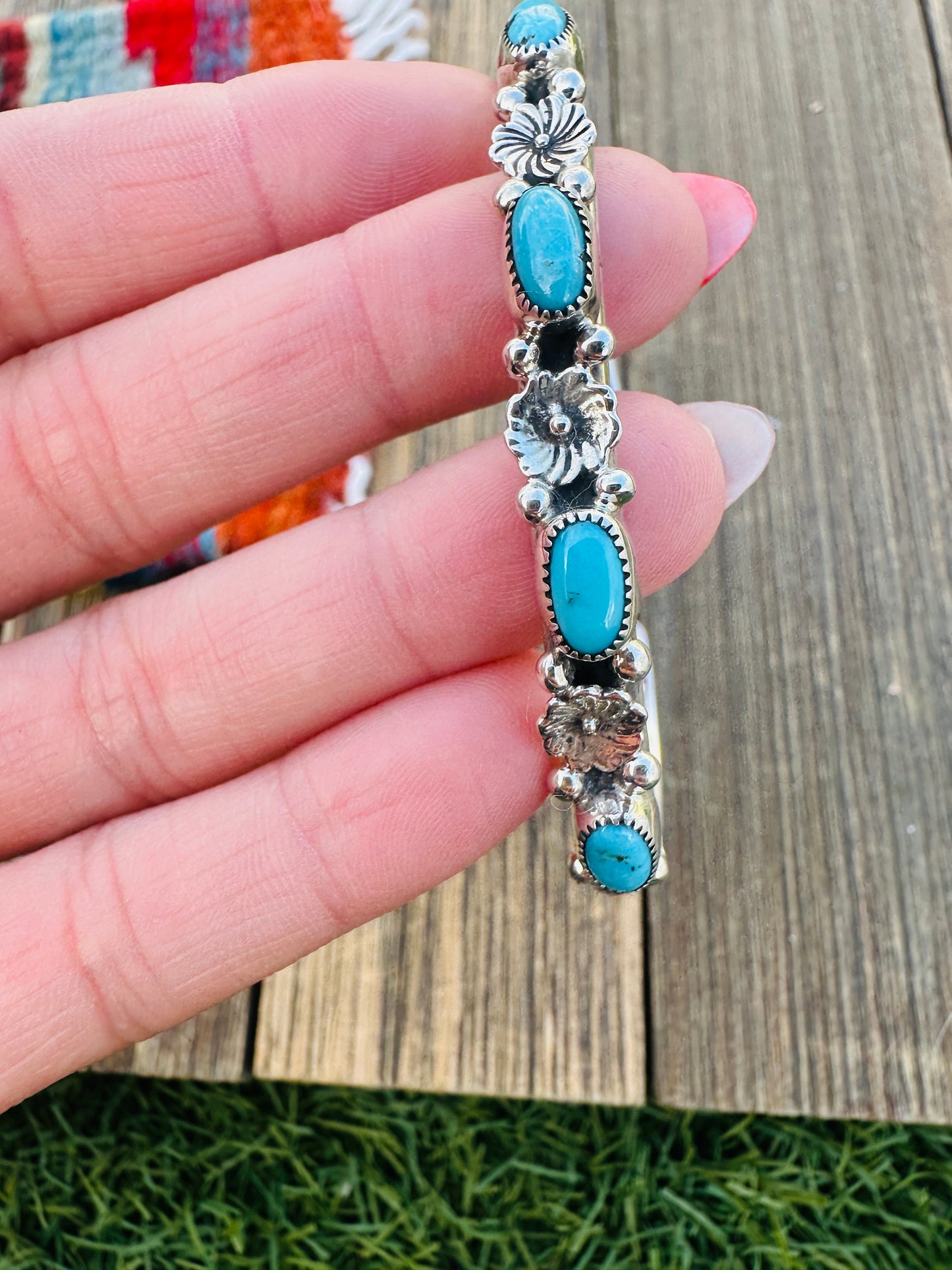 Handcrafted Turquoise & Sterling Silver Flower Stacker Cuff Bracelet Nizhoni Traders LLC