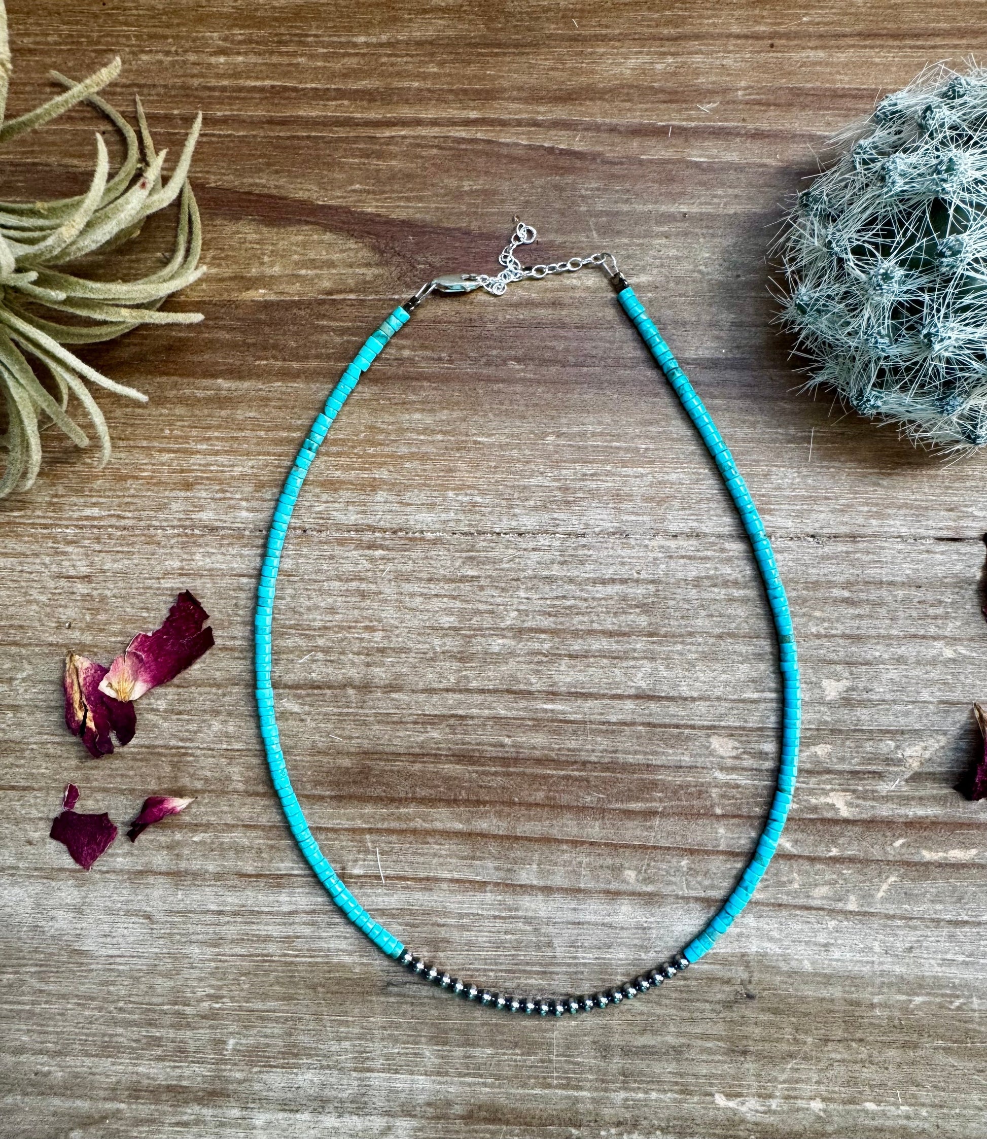 3 mm Sterling Silver Pearls choker with magnesite darker turquoise heishi - western jewelry The Bijoux FAB Jewelry