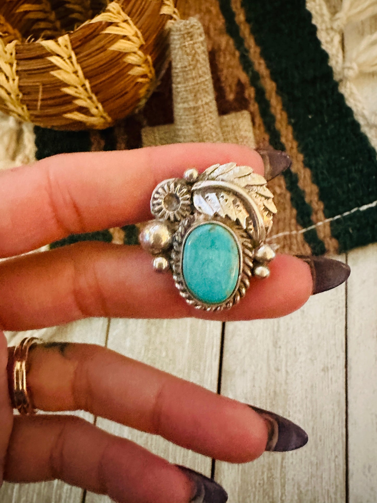 Old Pawn Handcrafted Turquoise & Sterling Silver Adjustable Ring Nizhoni Traders LLC