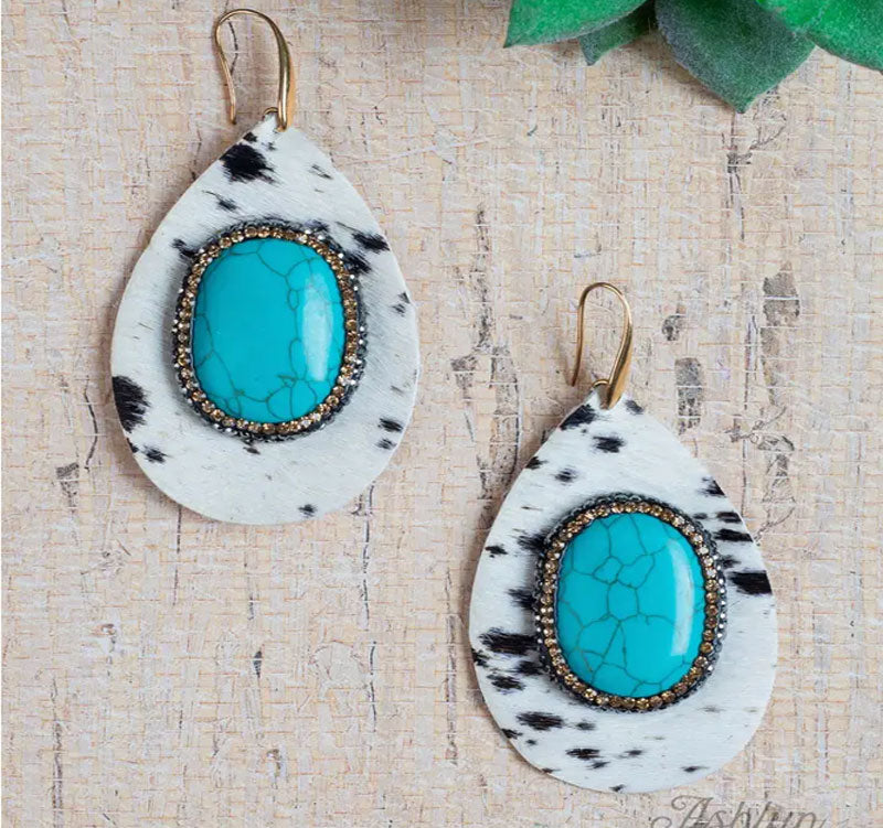 Chasing You Teardrop Cowhide Earrings with Turquoise Stone, White Cedar Hill Country Market