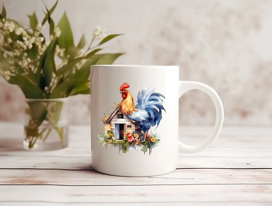 Copy of Watercolor Rooster and Hen Chicken Coop 12 oz Coffee Mug CedarHill Country Market
