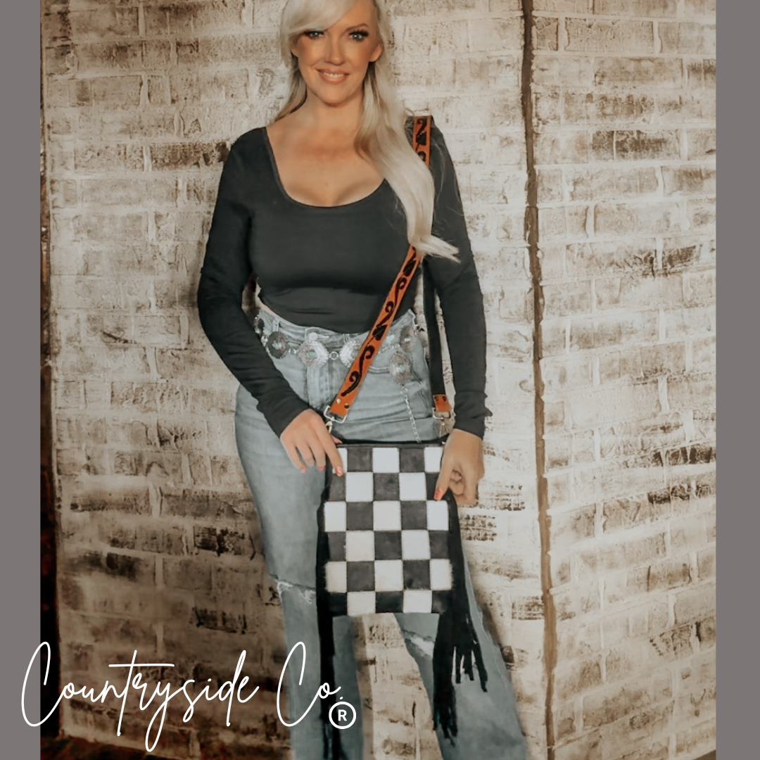 Stockyard Checkered Cowhide Fringe Purse Countryside Co.