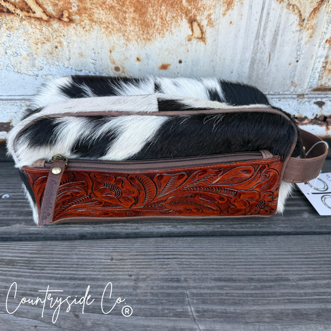 High Plains Tooled Leather and Cowhide Toiletry Bag Countryside Co.