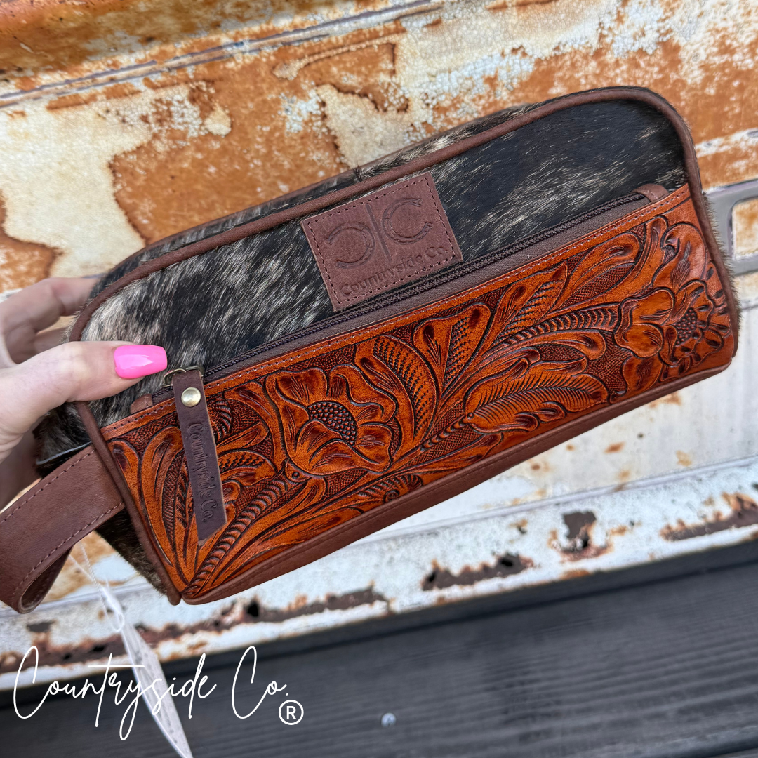 High Plains Tooled Leather and Cowhide Toiletry Bag Countryside Co.