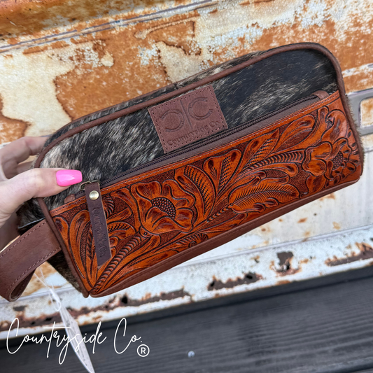 High Plains Tooled Leather and Cowhide Toiletry Bag Countryside Co.
