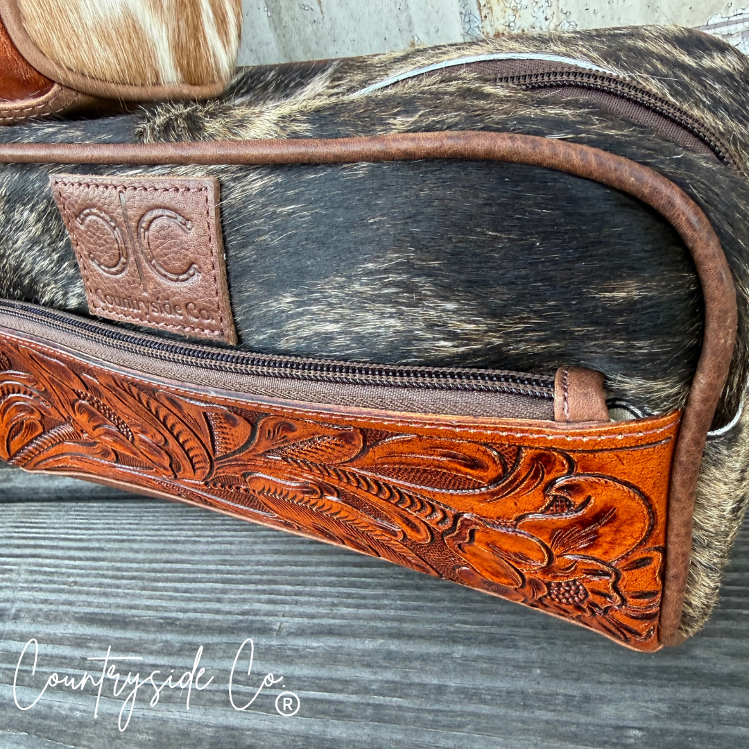 High Plains Tooled Leather and Cowhide Toiletry Bag Countryside Co.