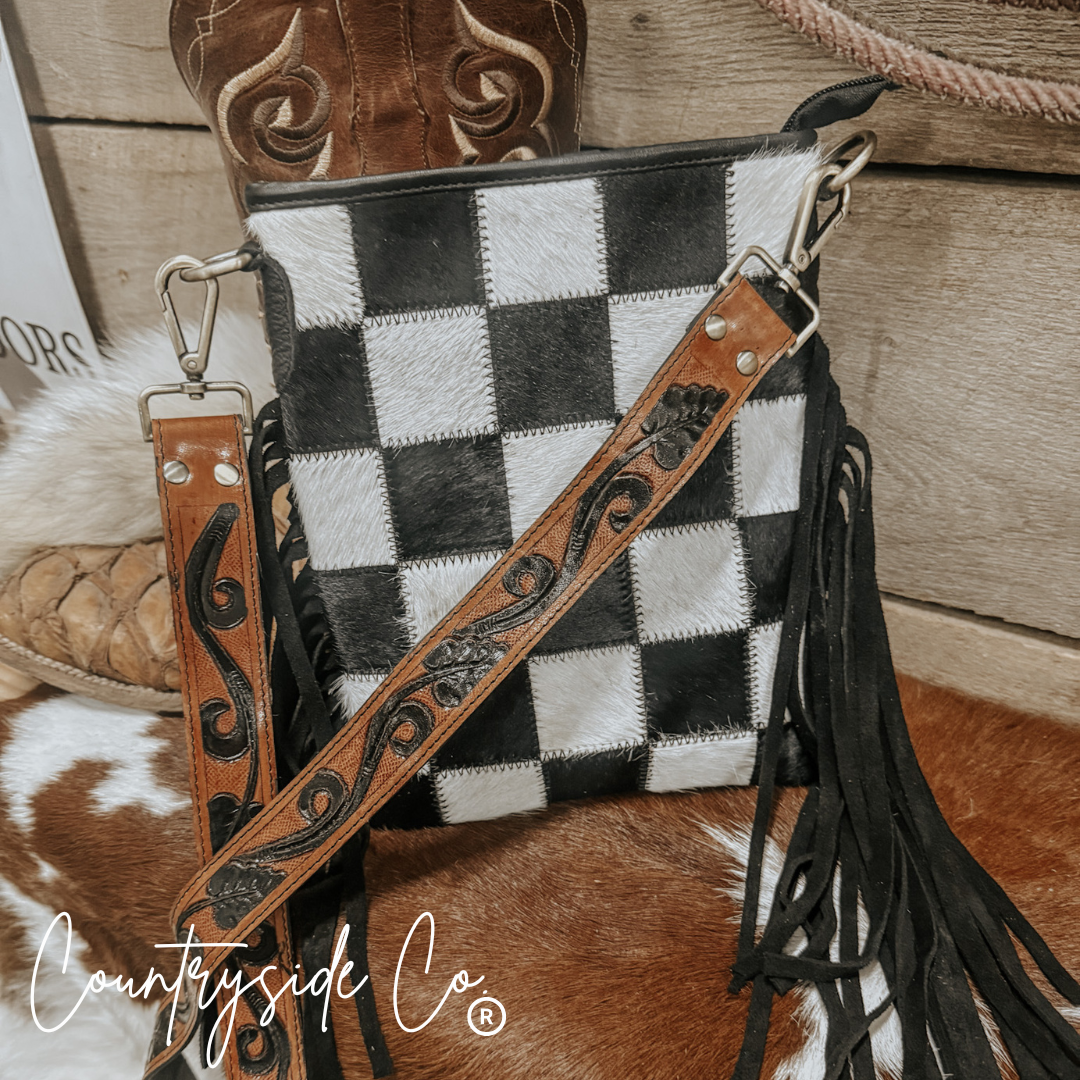 Stockyard Checkered Cowhide Fringe Purse Countryside Co.