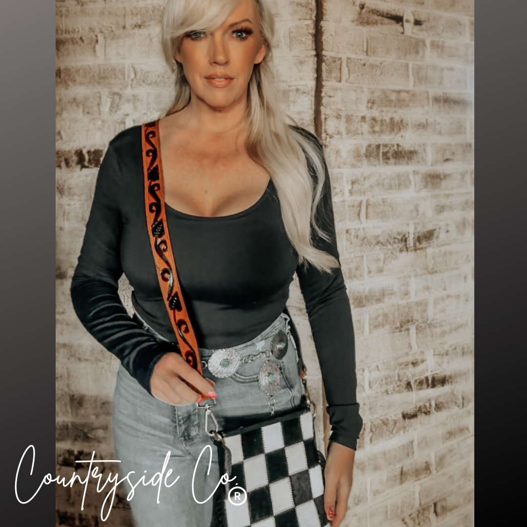 Stockyard Checkered Cowhide Fringe Purse Countryside Co.