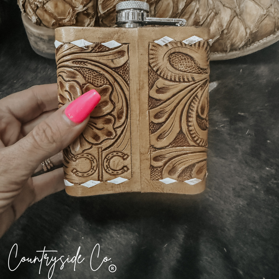 Gambler Tooled Leather Flask Countryside Co.