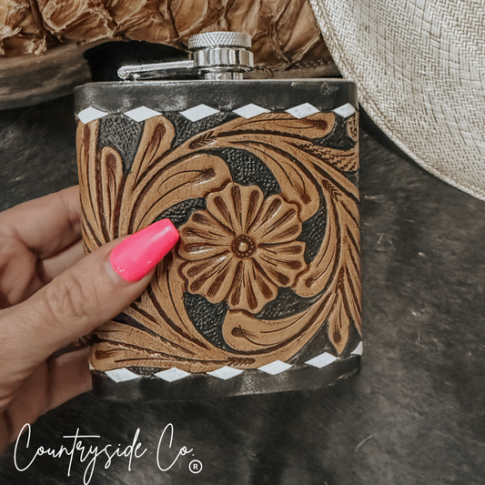 Legend Tooled  Leather Flask Countryside Co.