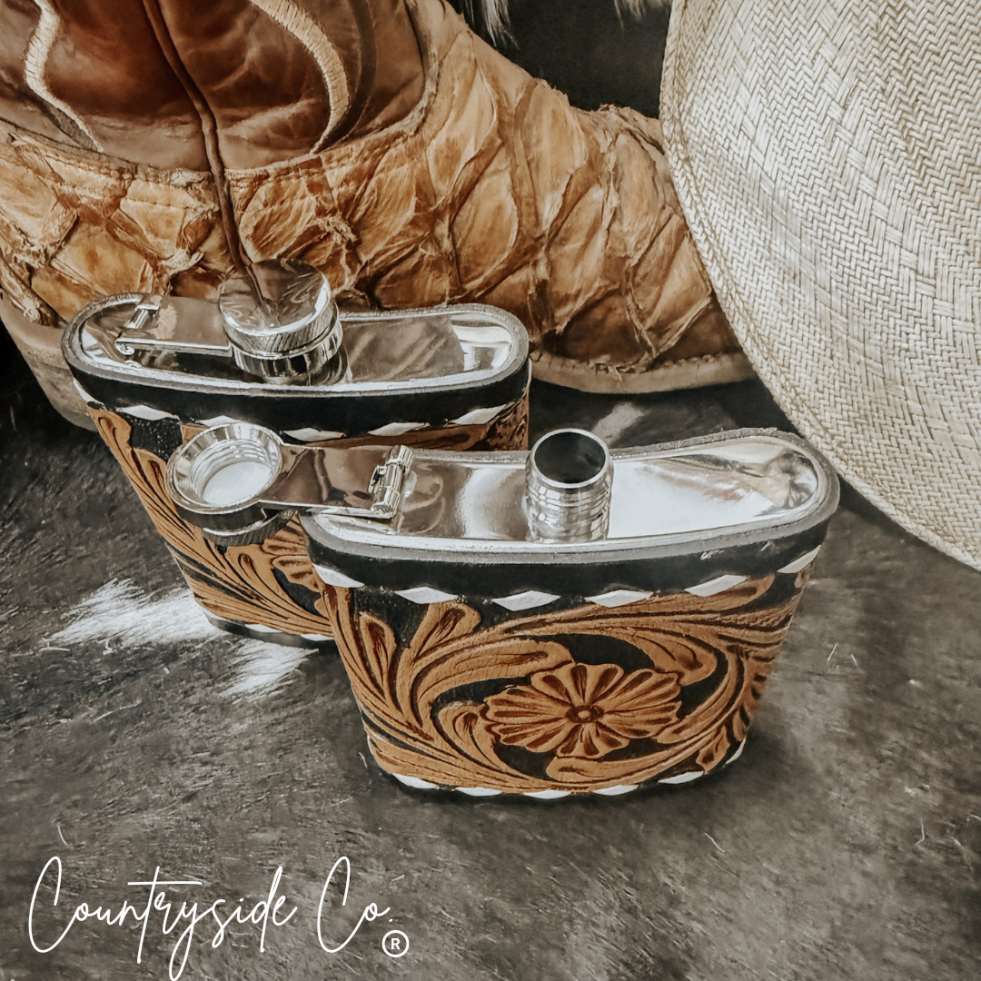 Legend Tooled  Leather Flask Countryside Co.