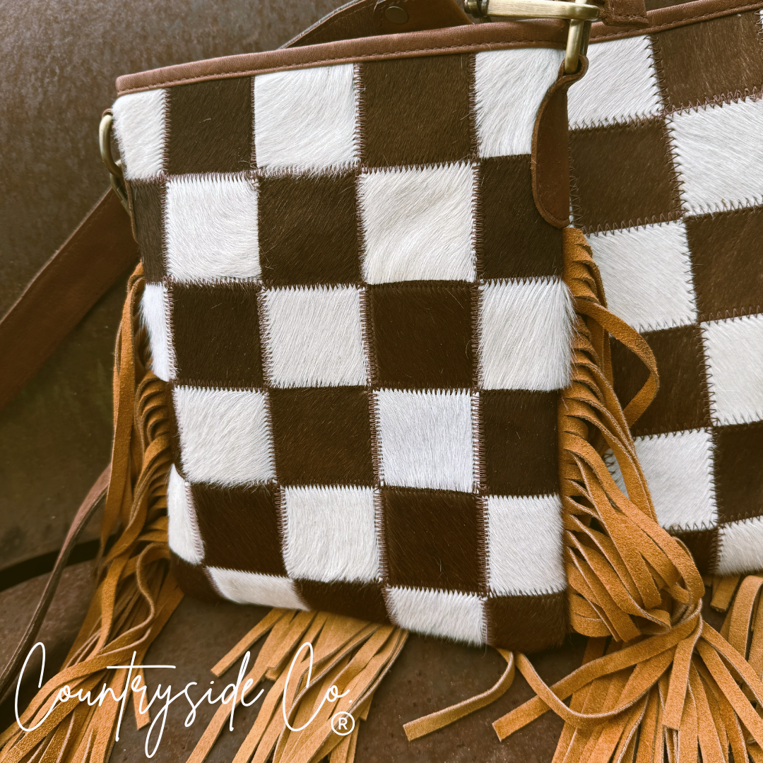 Dixie Checkered Cowhide Fringe Purse Countryside Co.