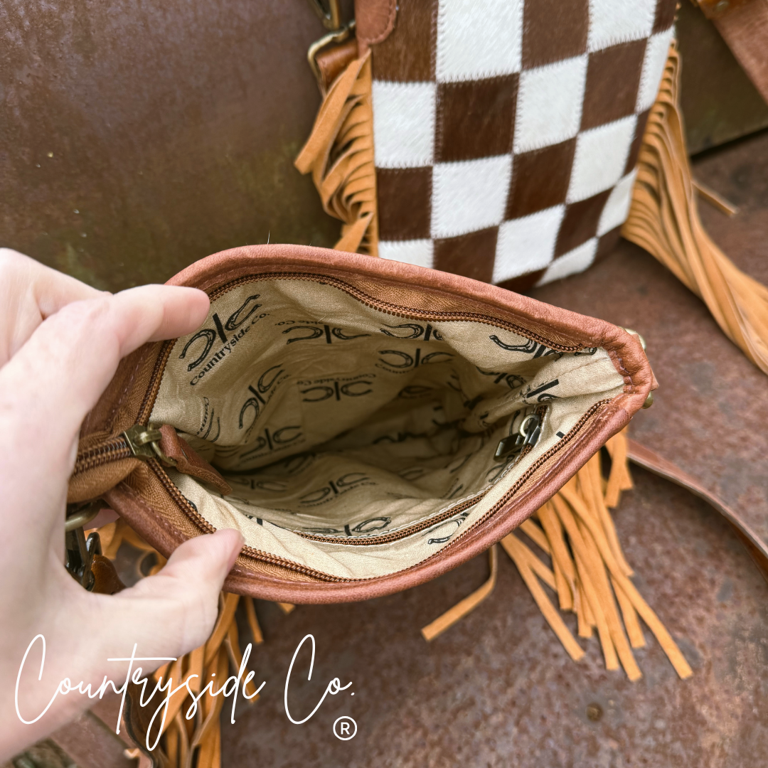 Dixie Checkered Cowhide Fringe Purse Countryside Co.