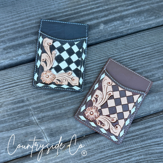 Checkered Tooled Leather Credit Card Holder Countryside Co.