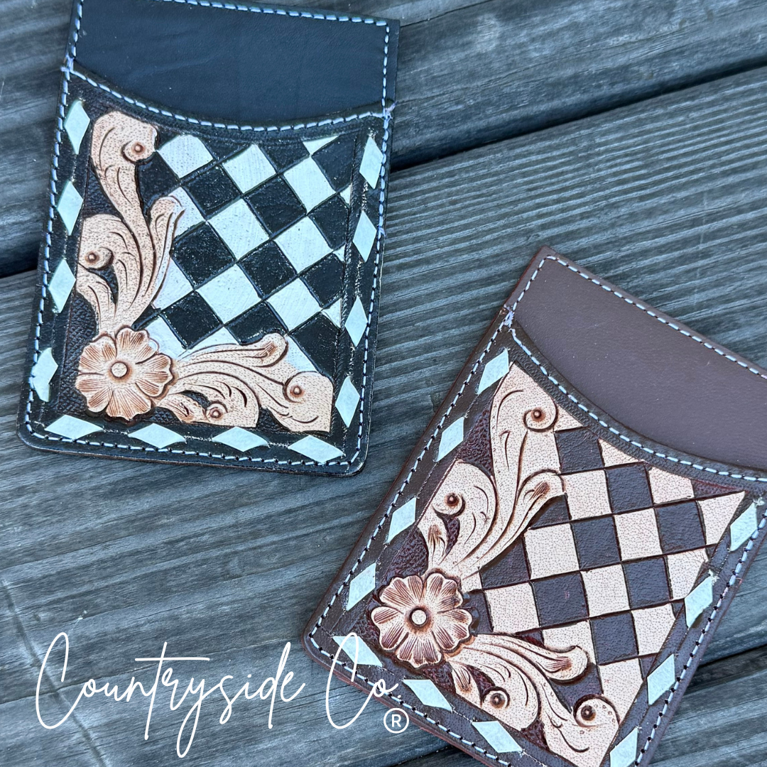 Checkered Tooled Leather Credit Card Holder Countryside Co.