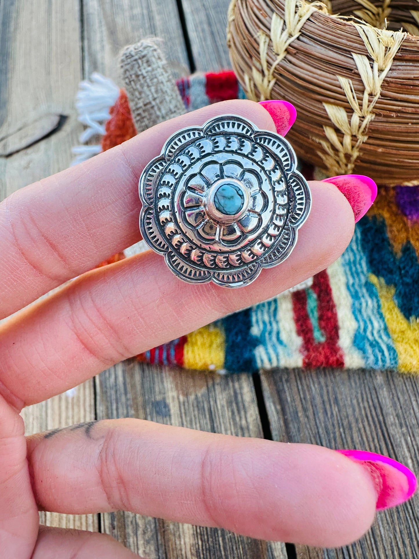 Handcrafted Turquoise & Sterling Silver Concho Ring Nizhoni Traders LLC