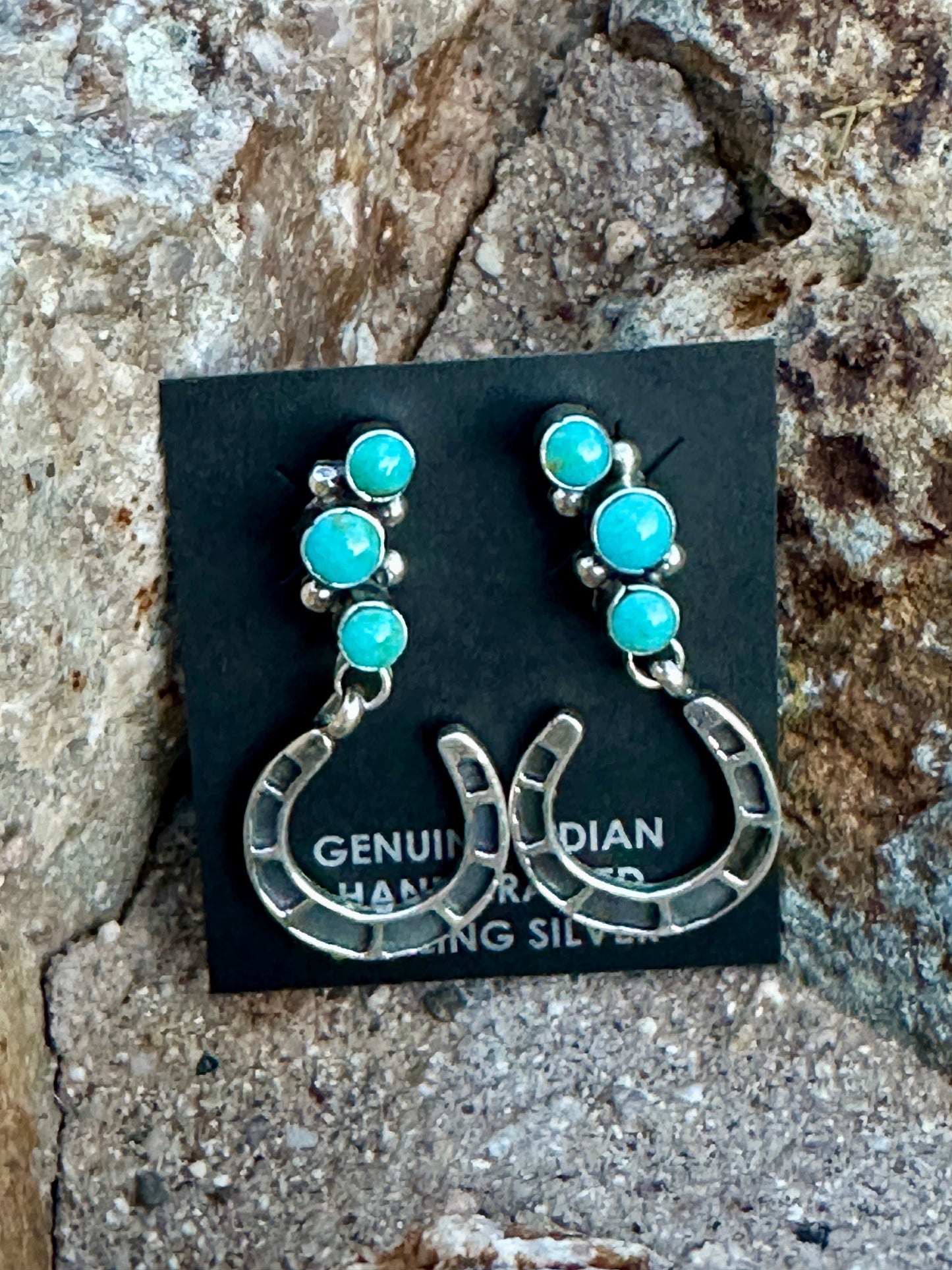 Handcrafted 3 Stone Turquoise & Sterling Silver Horseshoe Earrings Nizhoni Traders LLC