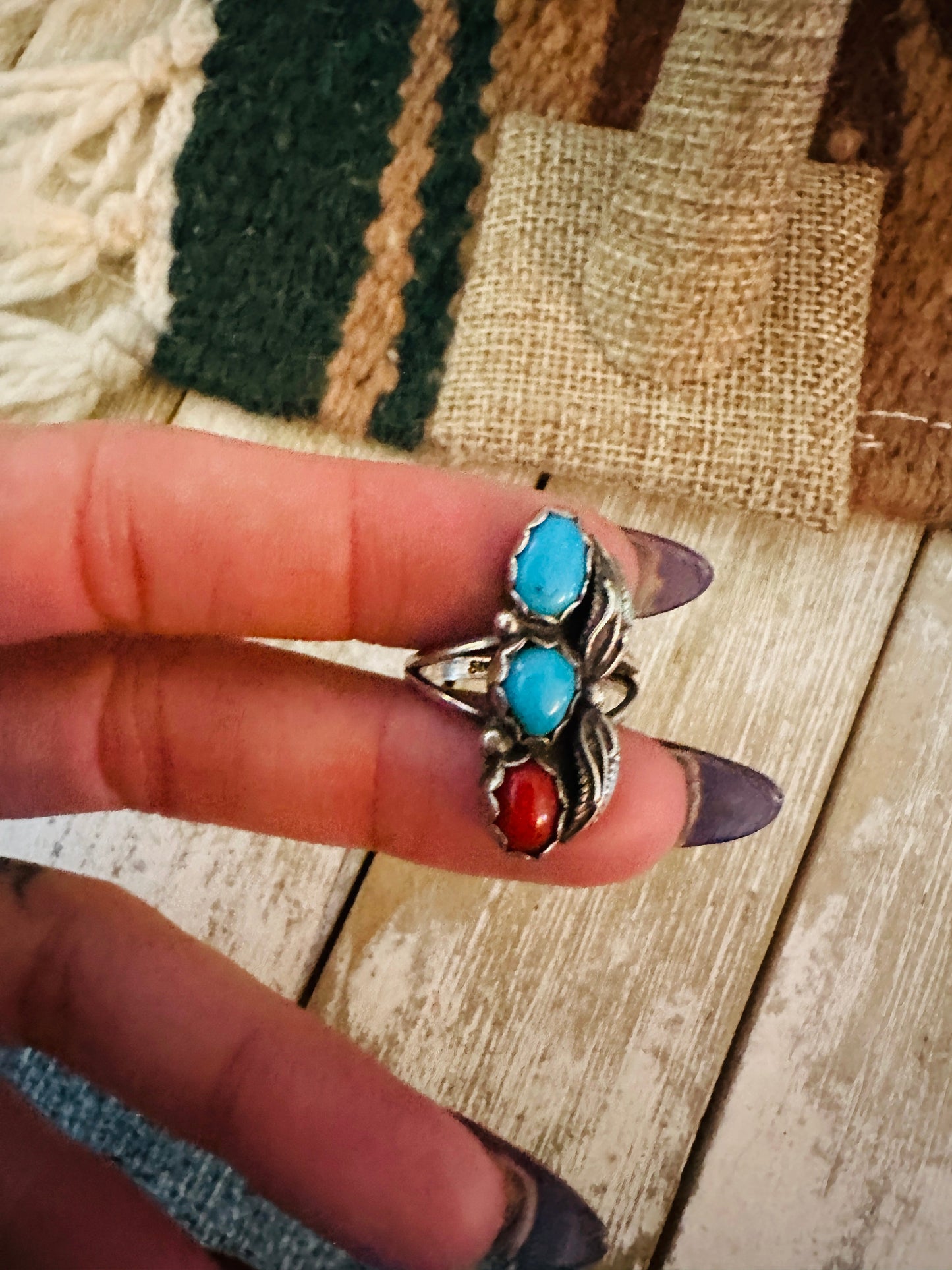 Old Pawn Handcrafted Turquoise, Coral & Sterling Silver Ring Size 5.25 Nizhoni Traders LLC