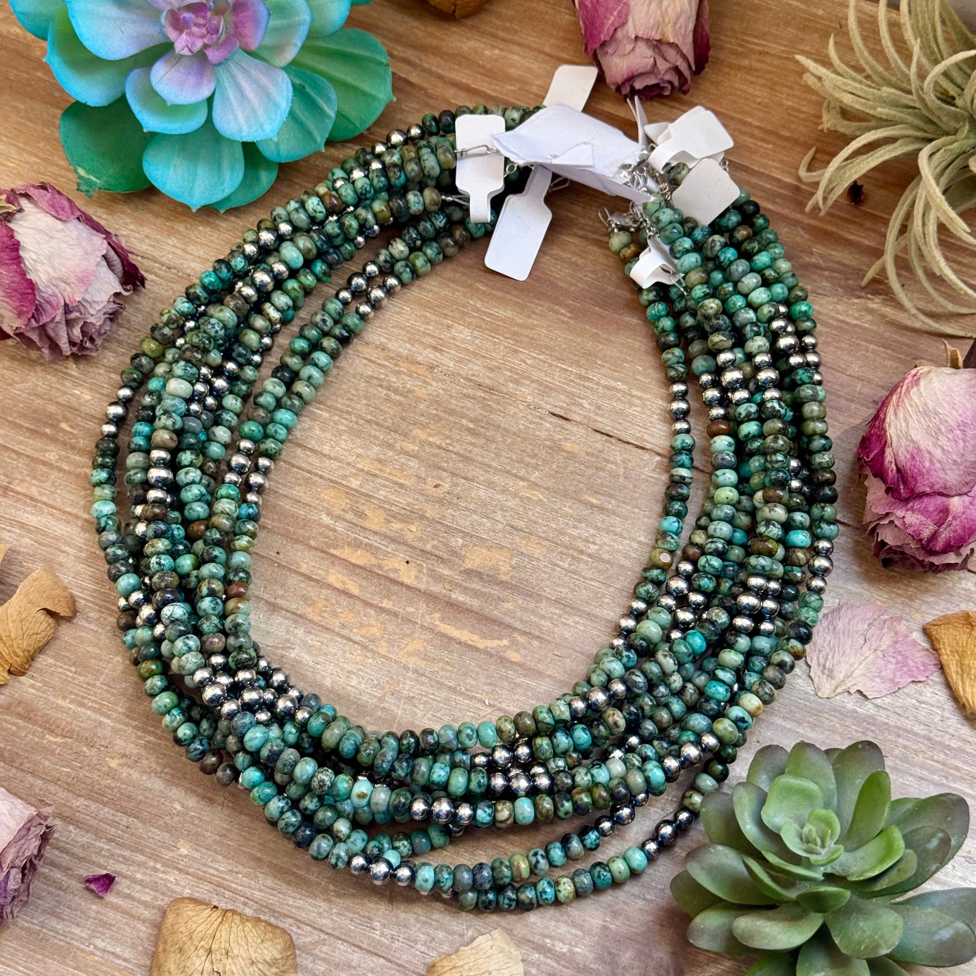 African Turquoise & Sterling Pearl Necklace 19” The Bijoux FAB Jewelry