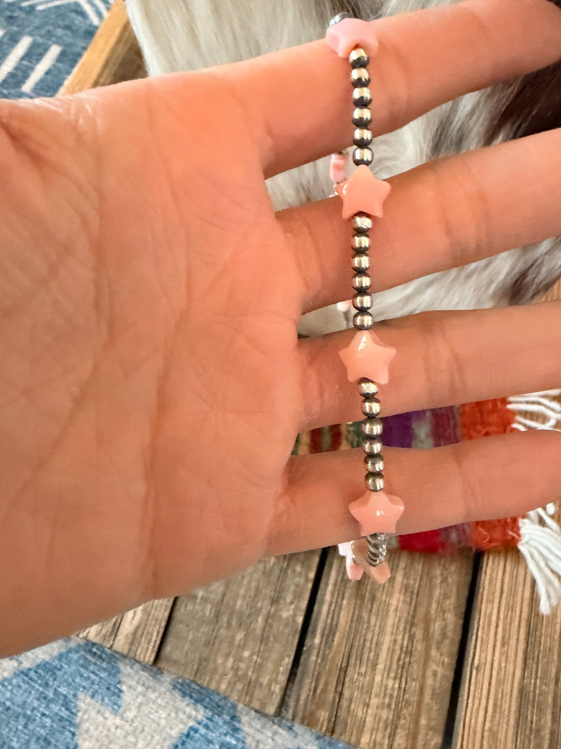 Handcrafted Queen Pink Conch and Sterling Silver Pearl Beaded Star Necklace Nizhoni Traders LLC