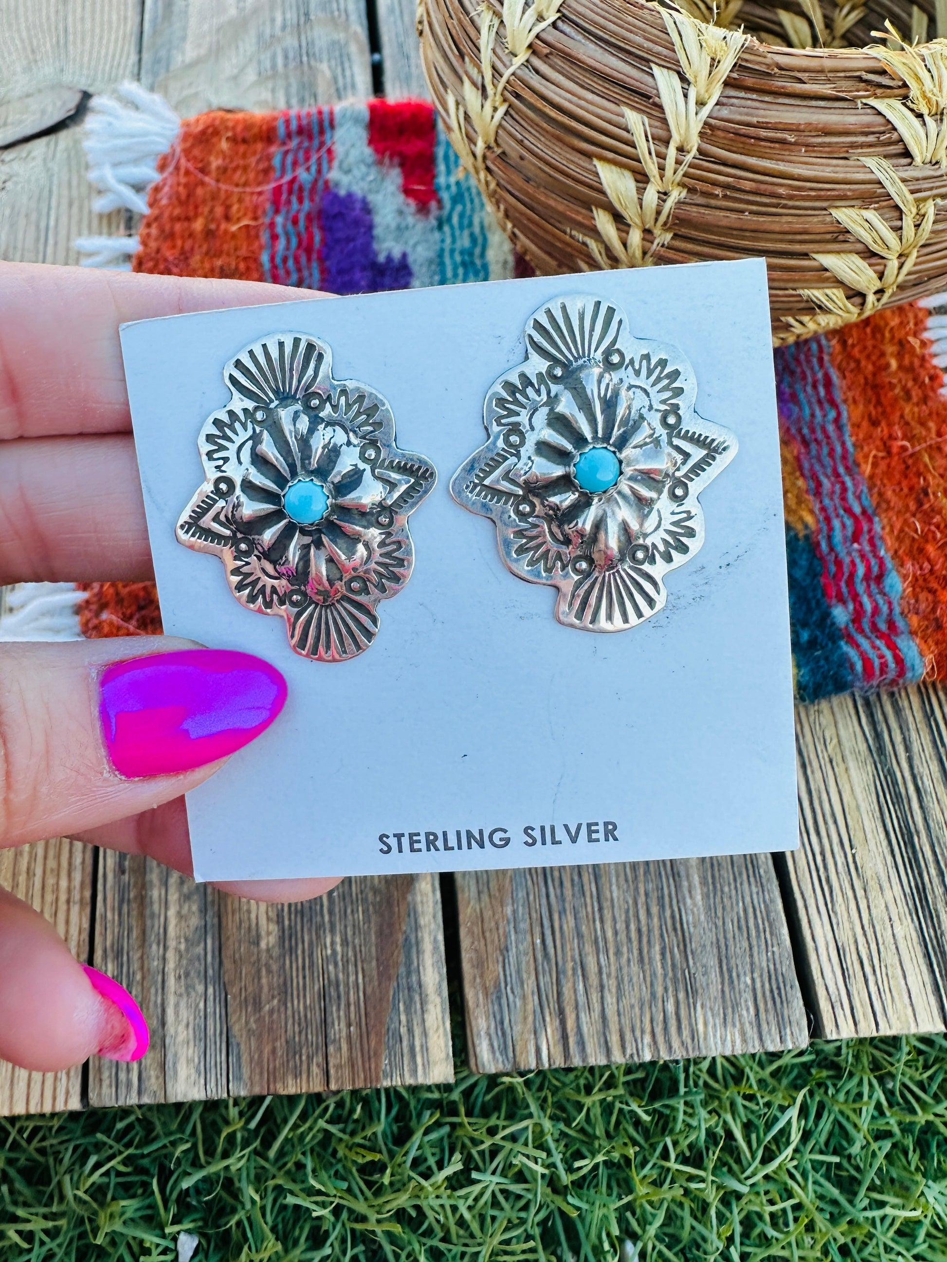 Handcrafted Turquoise & Sterling Silver Concho Post Earrings Nizhoni Traders LLC