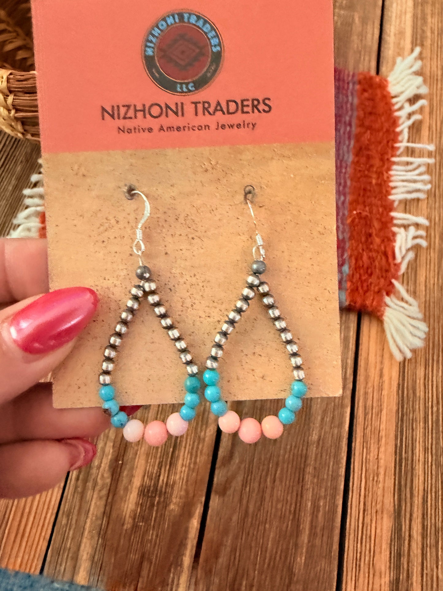 Handcrafted Pink Conch, Turquoise & Sterling Silver Pearl Beaded Dangle Hoop Earrings Nizhoni Traders LLC