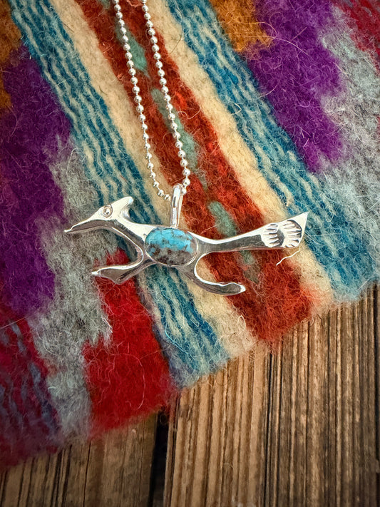 Handcrafted Sterling Silver & Turquoise Road Runner Pendant by Joseph Martinez Nizhoni Traders LLC