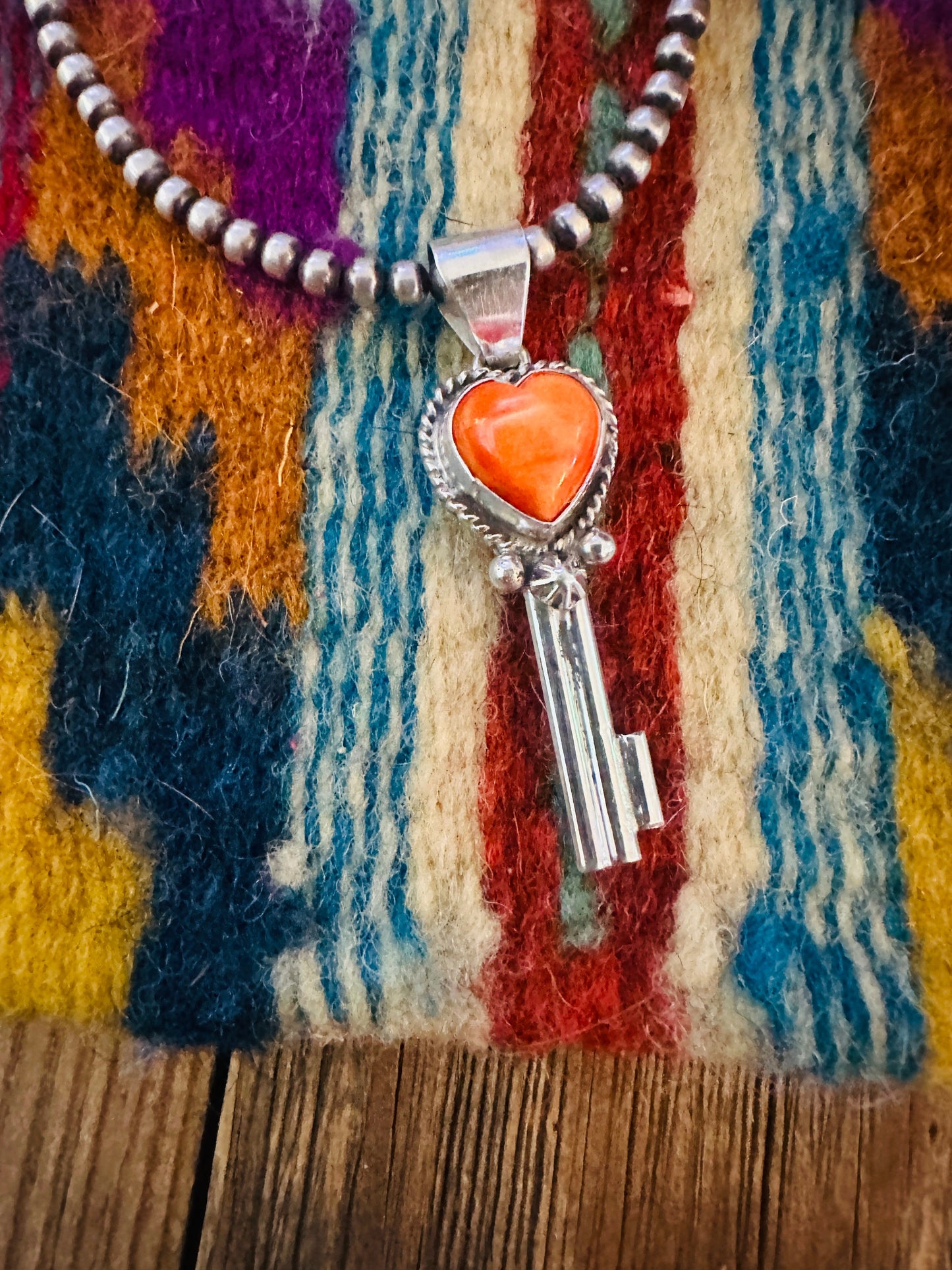 Handcrafted Spiny Oyster & Sterling Silver Heart Key Pendant Nizhoni Traders LLC