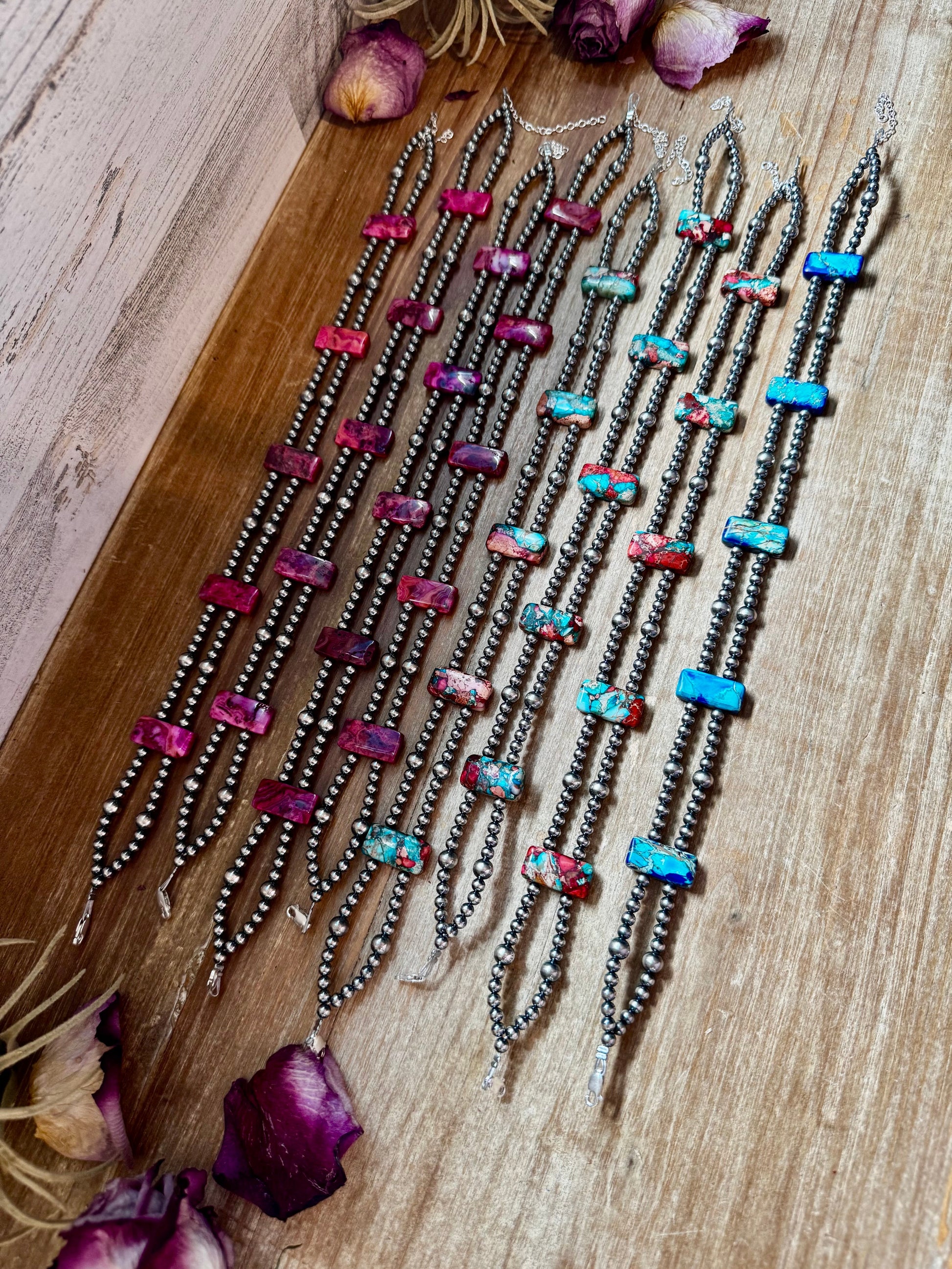Pink/Navy Double Strand Necklace – 13” Beaded – Sterling Silver Pearls & Rectangle Variscite Turquoise The Bijoux FAB Jewelry