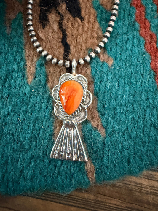 Handcrafted Sterling Silver & Orange Spiny Oyster Blossom Pendant by Joseph Martinez Nizhoni Traders LLC