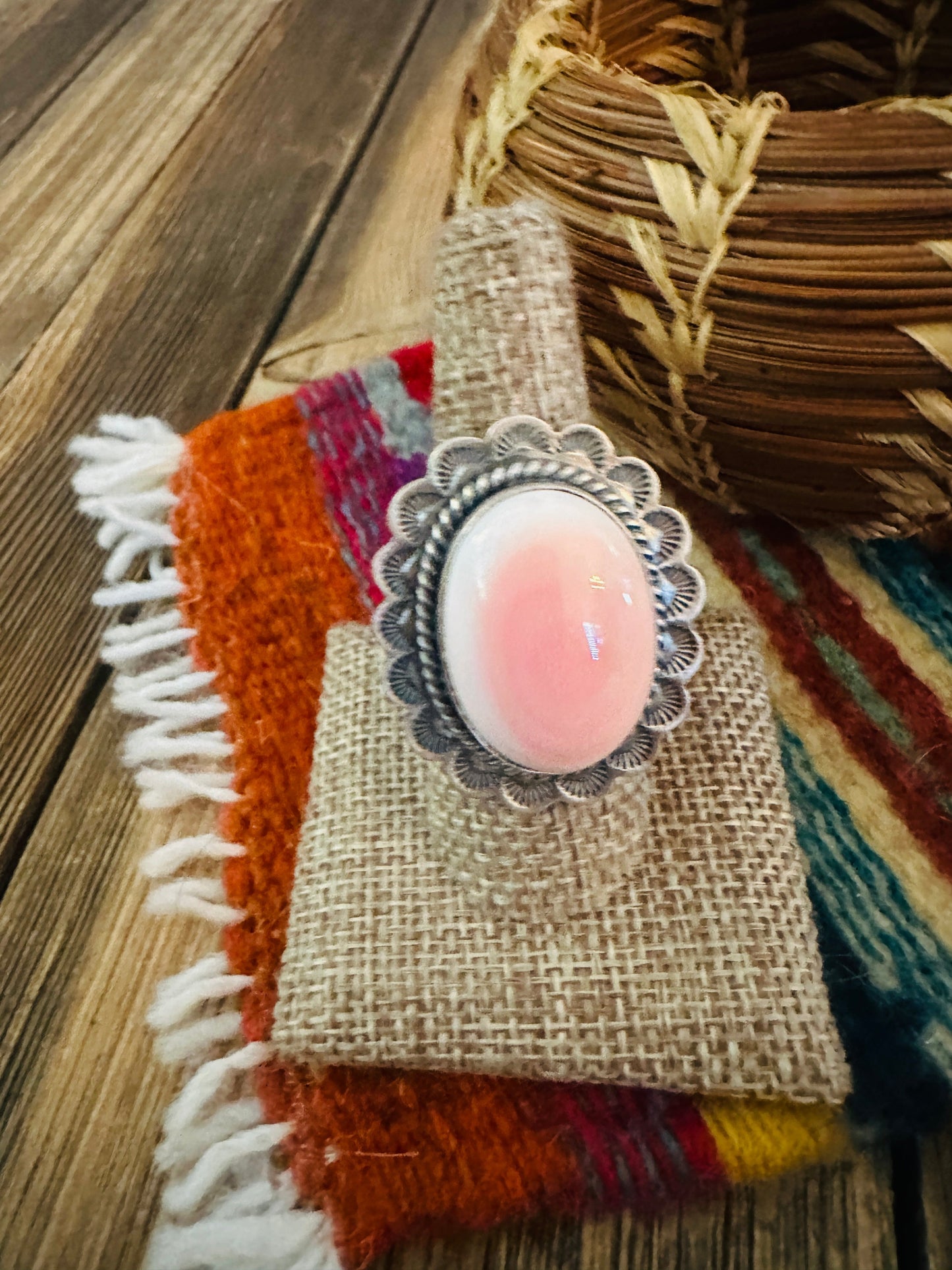 Handcrafted Queen Pink Conch & Sterling Silver Ring Size 8.75 Nizhoni Traders LLC